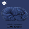 A ball of deep blue Merino wool yarn labeled as Lirisnly's hand-picked 300g Merino.