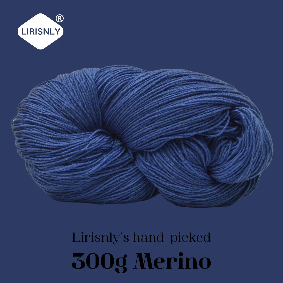 A ball of deep blue Merino wool yarn labeled as Lirisnly's hand-picked 300g Merino.