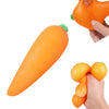 An orange carrot squishy toy is shown in various forms, including a whole carrot and cut pieces, being held by a hand.
