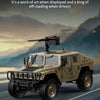 A detailed 1:12 scale off-road RC vehicle with a turret and rugged tires is shown against a scenic backdrop.