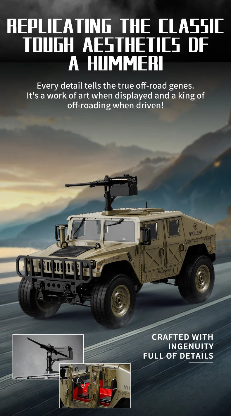 A detailed 1:12 scale off-road RC vehicle with a turret and rugged tires is shown against a scenic backdrop.