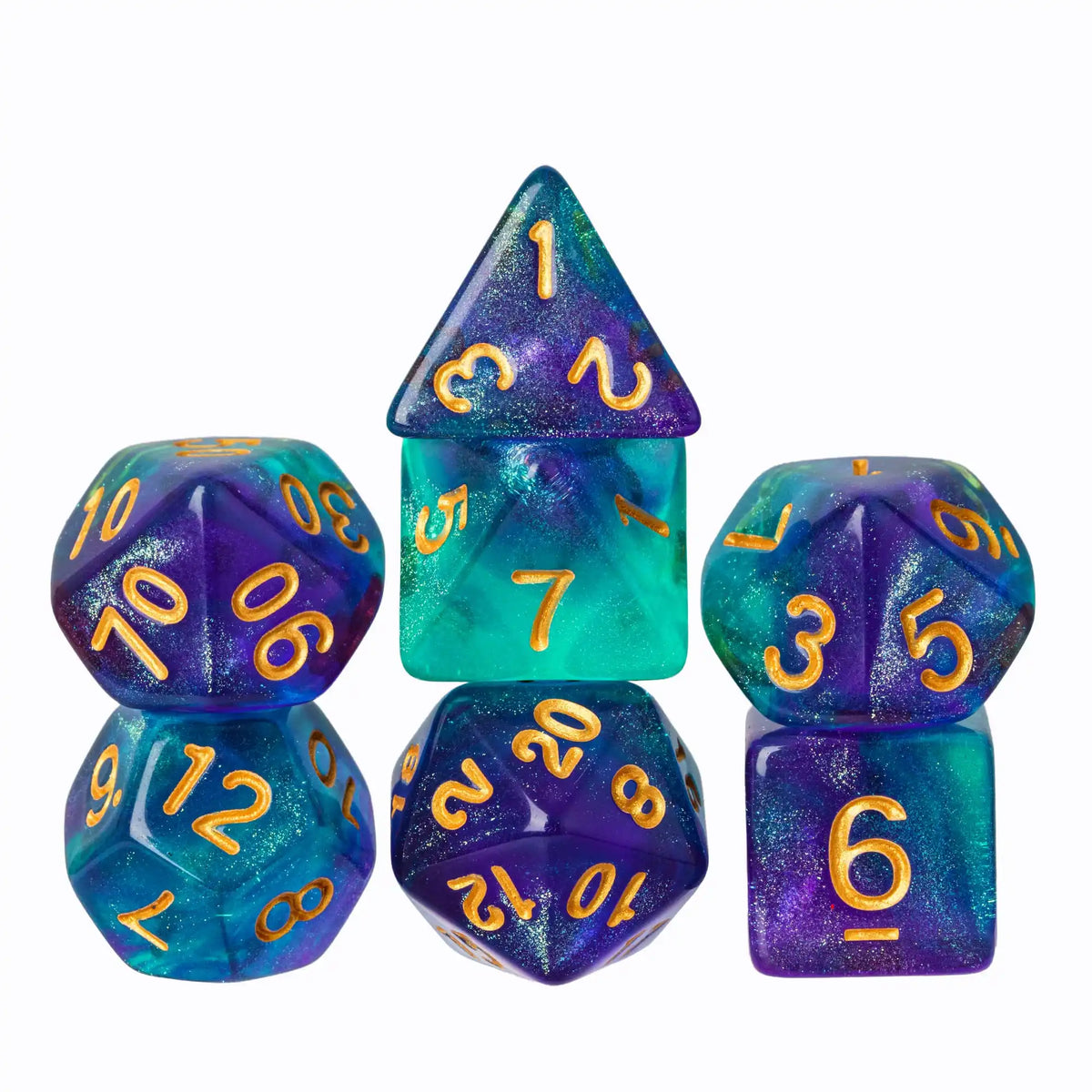 A set of seven glitter translucent polyhedral dice in various shapes and colors including a pyramid, cube, and dodecahedron.