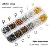 A collection of gold and silver lobster clasps and open jump rings for jewelry making.