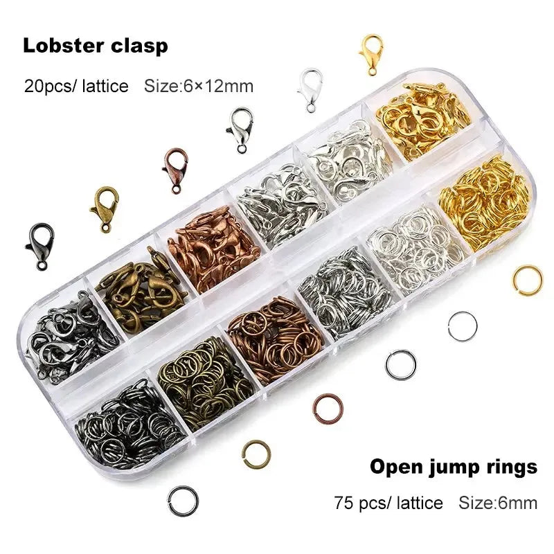 A collection of gold and silver lobster clasps and open jump rings for jewelry making.