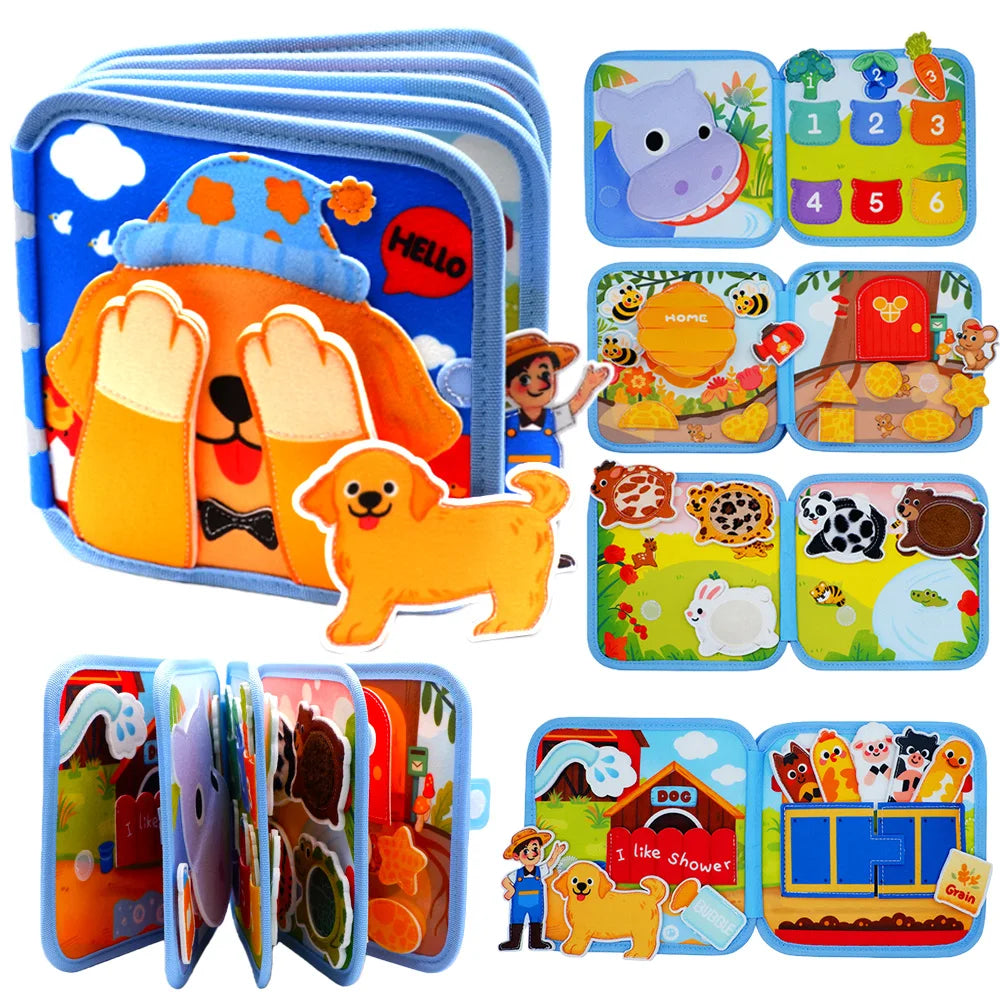A colorful felt busy book for toddlers featuring various hands-on learning activities and animal figures.