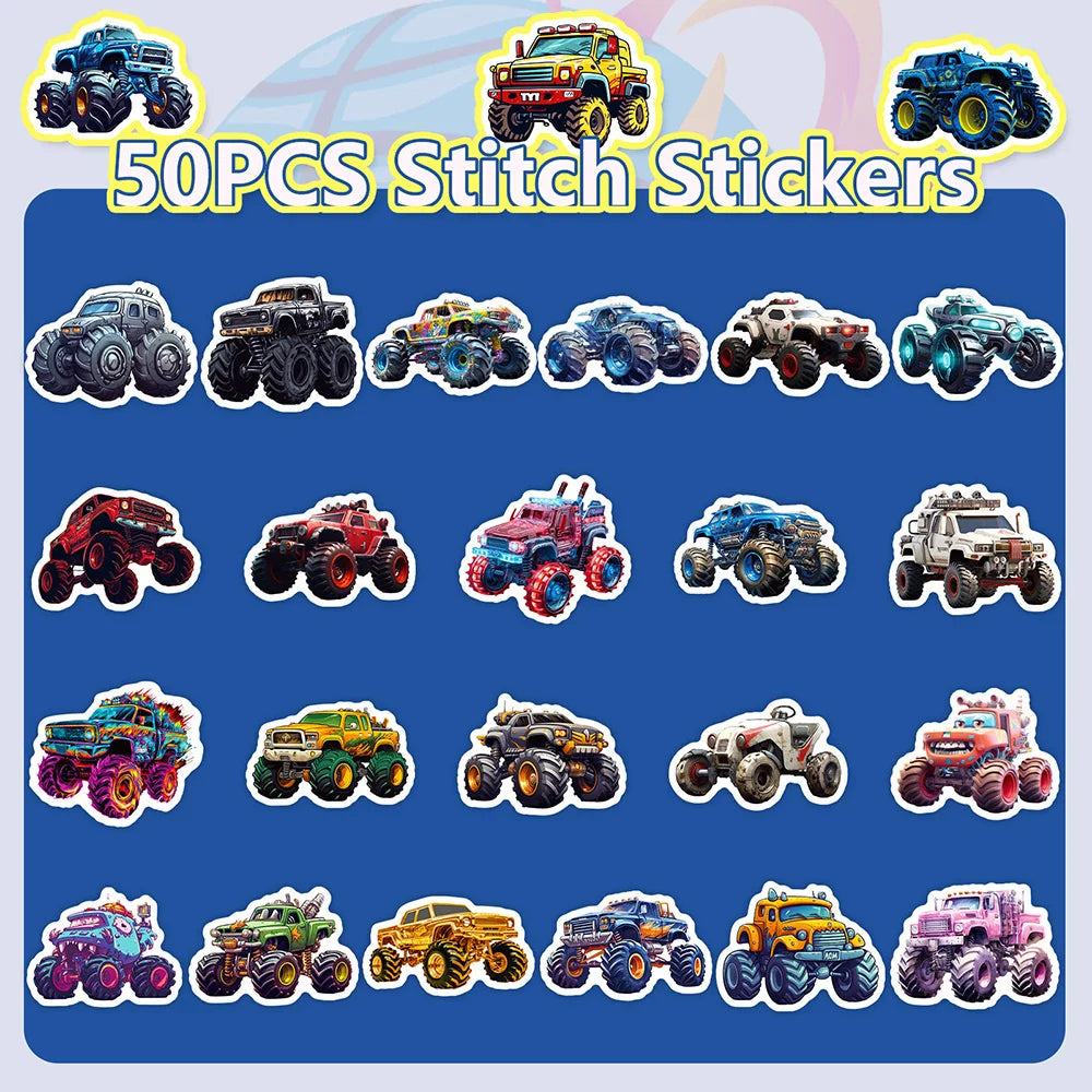 A collection of 50 pieces of Stitch-themed monster truck cartoon stickers.