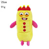 Poupée en peluche jaune avec des accents rouges et de grands yeux.