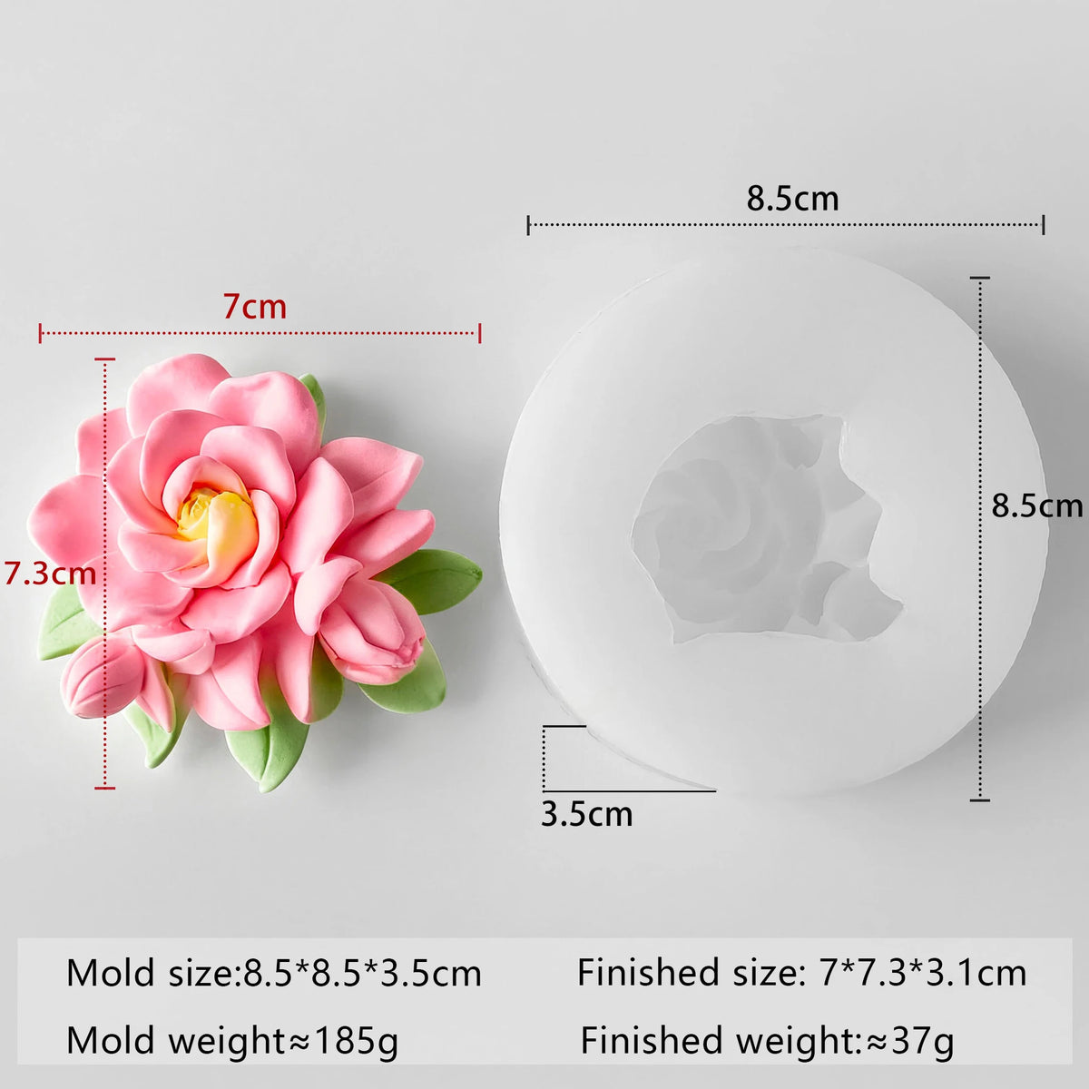 A pink multi-flower silicone mold with finished dimensions and weight specifications.