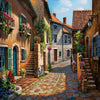An oil painting depicts a narrow cobblestone alleyway lined with old stone buildings and colorful flowers.