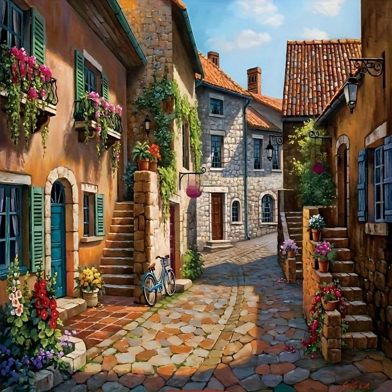 An oil painting depicts a narrow cobblestone alleyway lined with old stone buildings and colorful flowers.