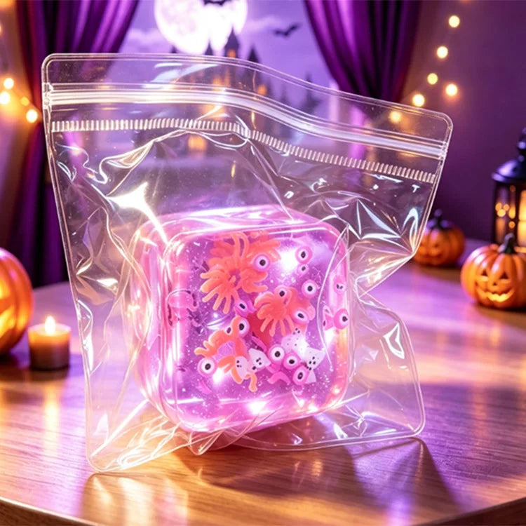 A translucent pink fidget cube with festive ghost, pumpkin, and snowman designs is displayed in clear packaging.