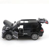Black 1:36 scale die-cast metal SUV toy with opening doors and pull-back action.
