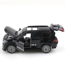 Black 1:36 scale die-cast metal SUV toy with opening doors and pull-back action.