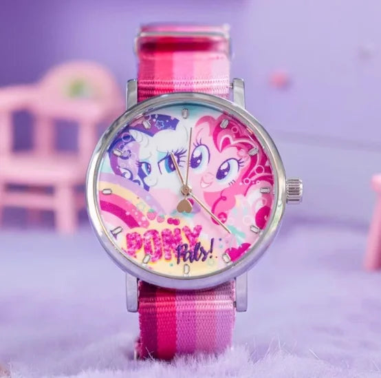 A pink and purple My Little Pony Magic Sweetheart blind box watch with a sparkly pink strap and face.