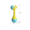 Yellow and blue soft plastic animal rattle with a long neck and small feet