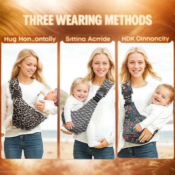 Three women demonstrate three wearing methods of an adjustable baby sling carrier for infants.