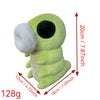 A light green plush doll resembling a bug with large black eyes and a white fuzzy appendage.