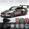 A green racing sports car model with various accessories including a remote controller and tools