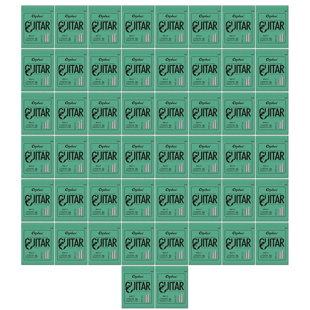 A grid of premium electric guitar strings with nickel wound bright tone for a 6-string set.