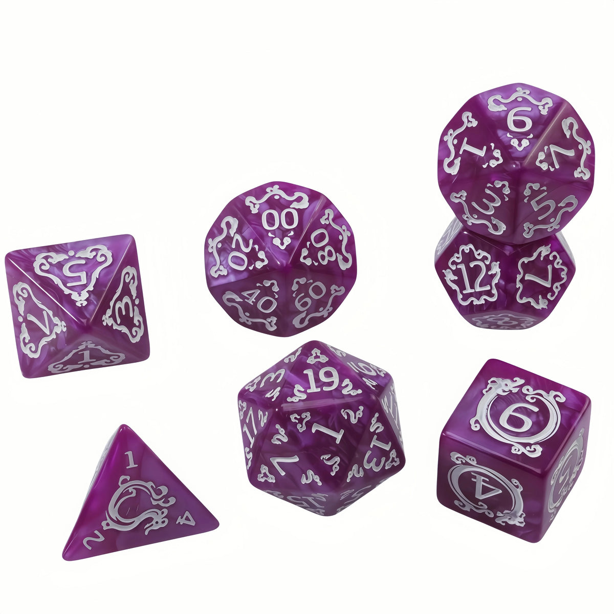 A set of purple polyhedral dice including a d10, d12, and d20, used for tabletop role-playing games.
