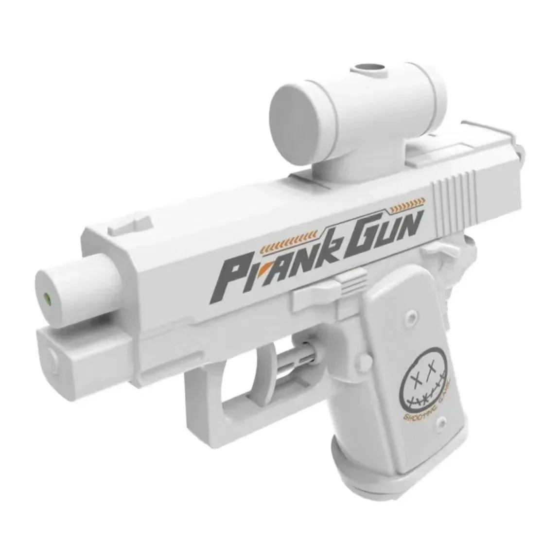 A white prank gun toy with a barrel and a scope is shown against a white background.