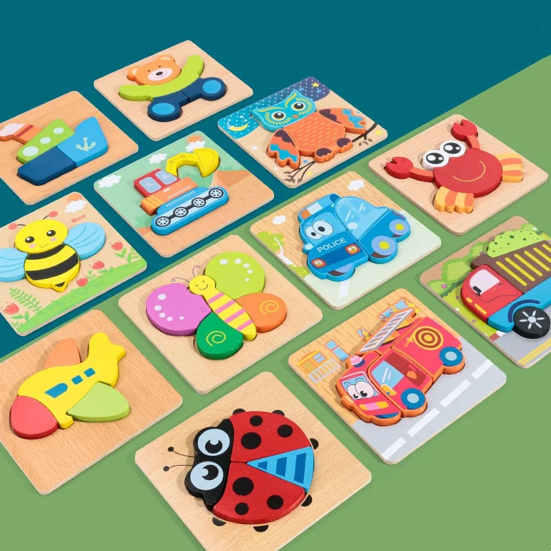 A collection of wooden animal and traffic puzzles featuring various colorful vehicles and animals for children.