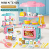 A pink and blue mini kitchen set for pretend play featuring various cooking accessories like pots, utensils, and food items.