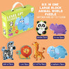 A set of six large block animal world puzzles featuring a zebra, lion, giraffe, elephant, panda, and rhino.