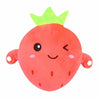 A bright red strawberry plush toy with a green leafy top and cute facial features.