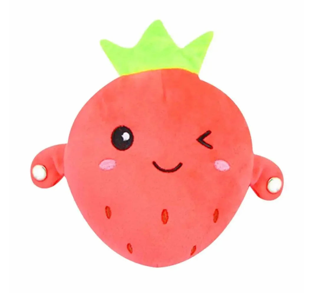 A bright red strawberry plush toy with a green leafy top and cute facial features.