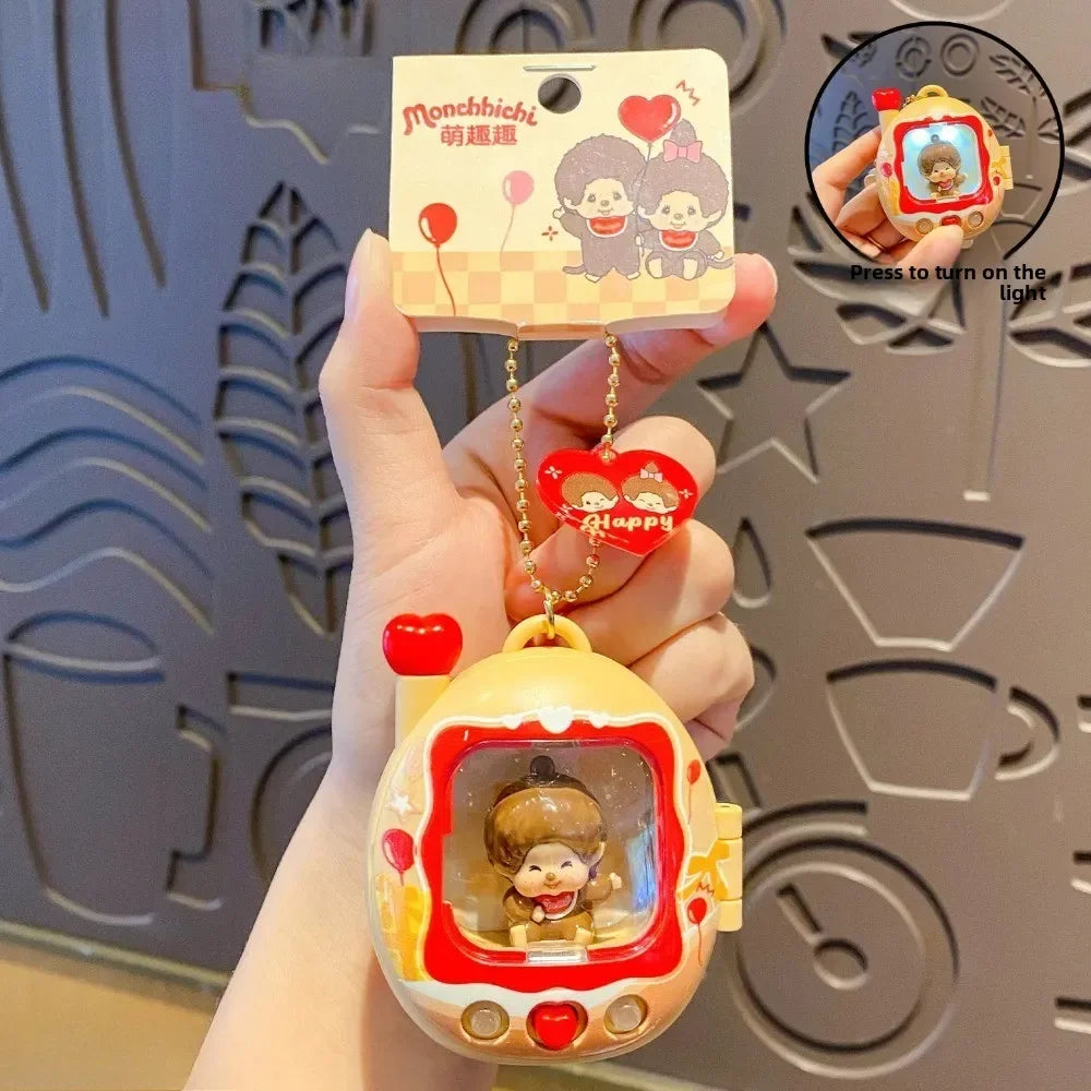 Retro Mini TV Keychain with Light-Up Surprise Doll