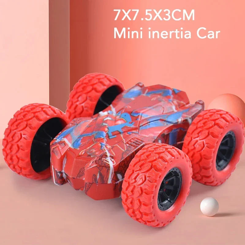 A red mini inertia car toy with four rubber wheels is shown on a pink background.