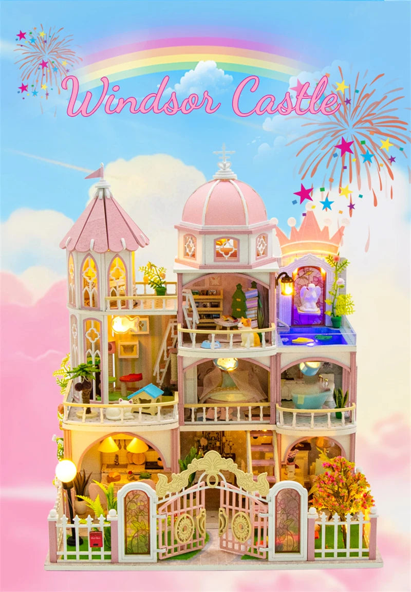 A detailed wooden Windsor Castle dollhouse kit featuring pink and white architecture with LED lighting and furniture.