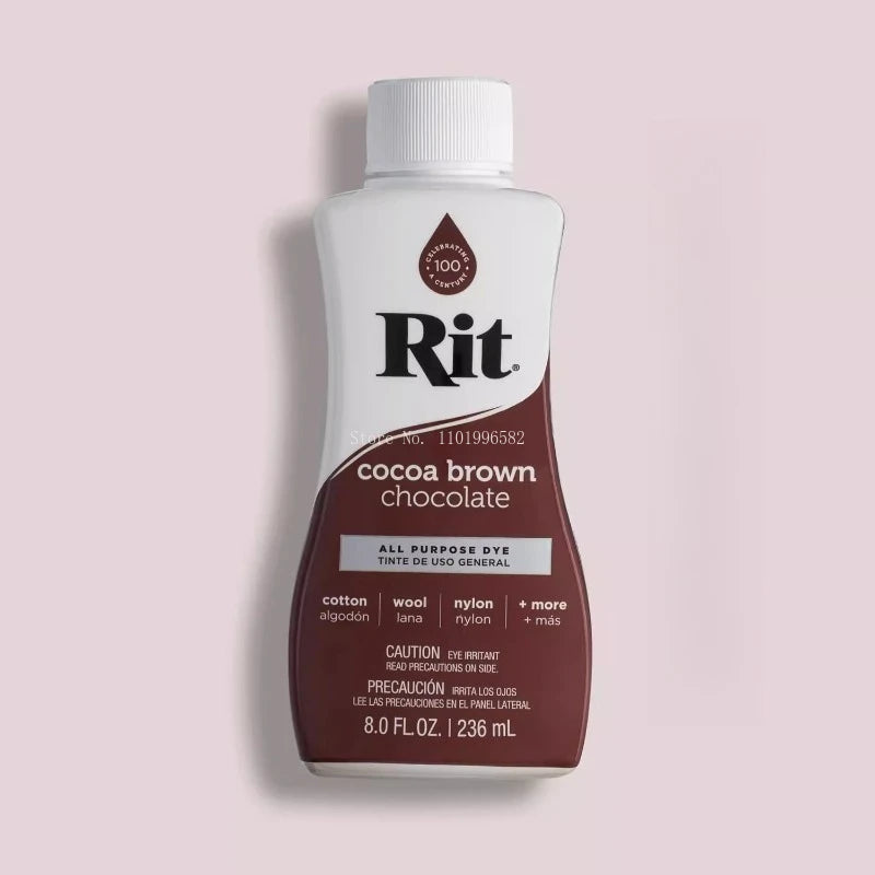 Bottle of Rit cocoa brown chocolate liquid fabric dye with a white cap