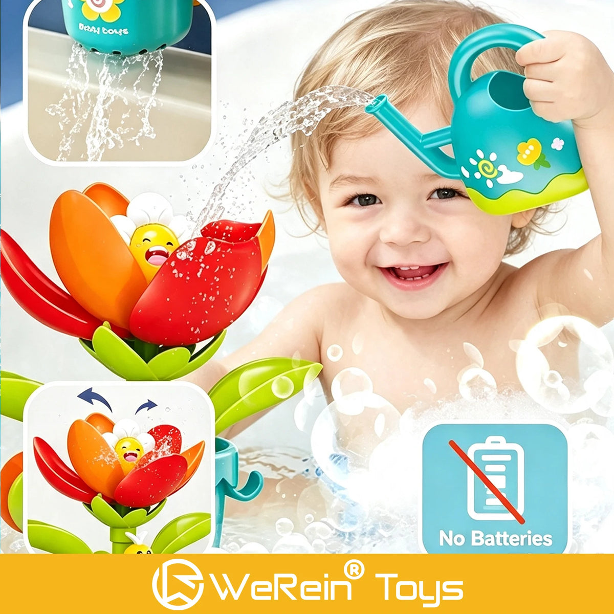 A baby is playing with a green sunflower watering bath toy that sprays water, emphasizing it is battery-free.