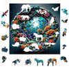 A circular jigsaw puzzle featuring various animals, including a horse, deer, and other wildlife, set against a vibrant, natur