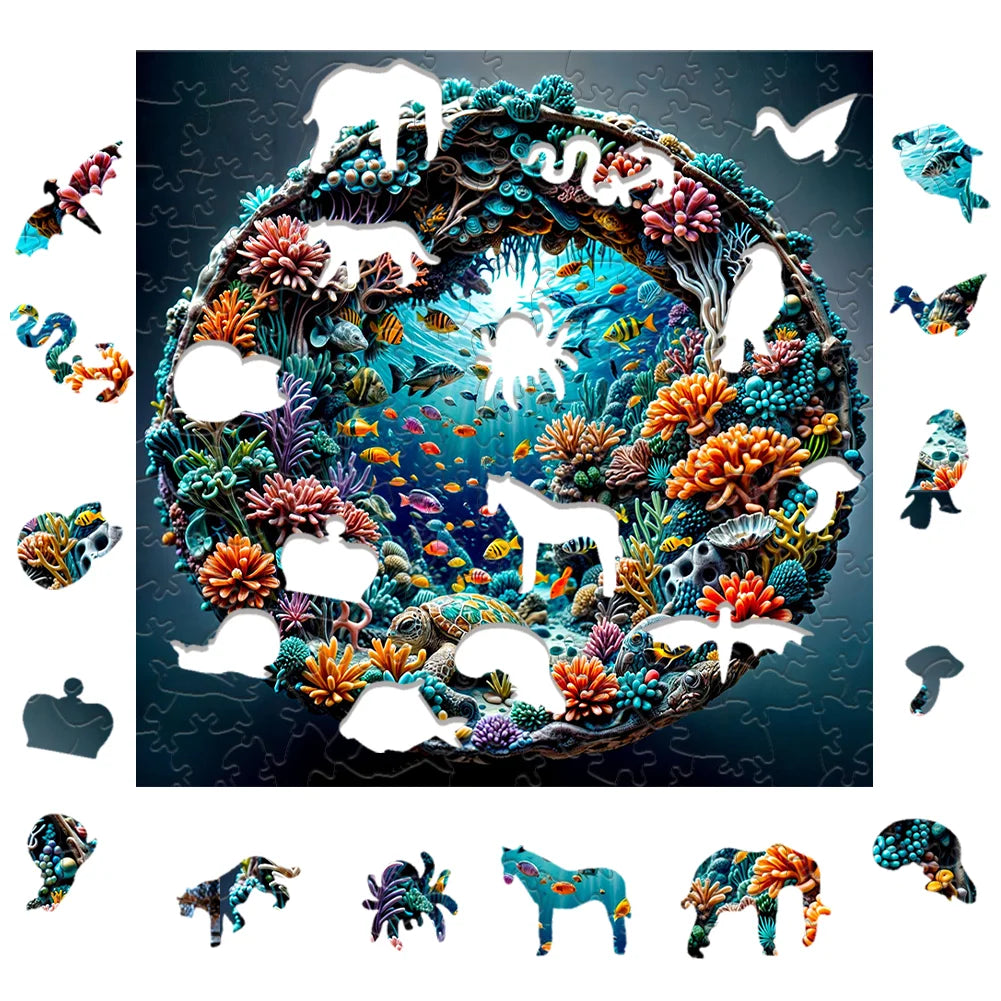 A circular jigsaw puzzle featuring various animals, including a horse, deer, and other wildlife, set against a vibrant, natur