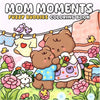 A colorful illustration of two fluffy brown bears hugging in a fuzzy buddies coloring book scene with pink and green flowers.