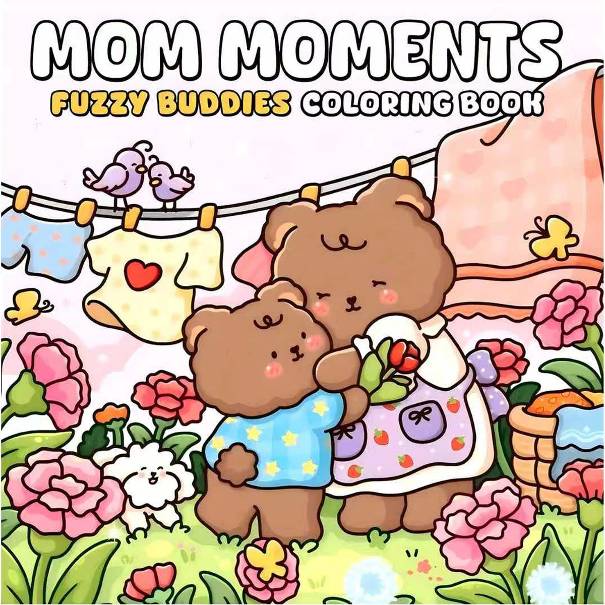 A colorful illustration of two fluffy brown bears hugging in a fuzzy buddies coloring book scene with pink and green flowers.