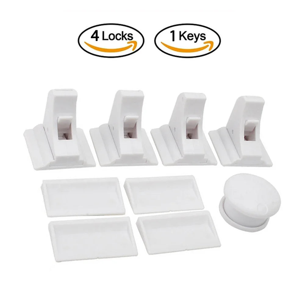 White magnetic child safety cabinet locks and keys including four locks and one key