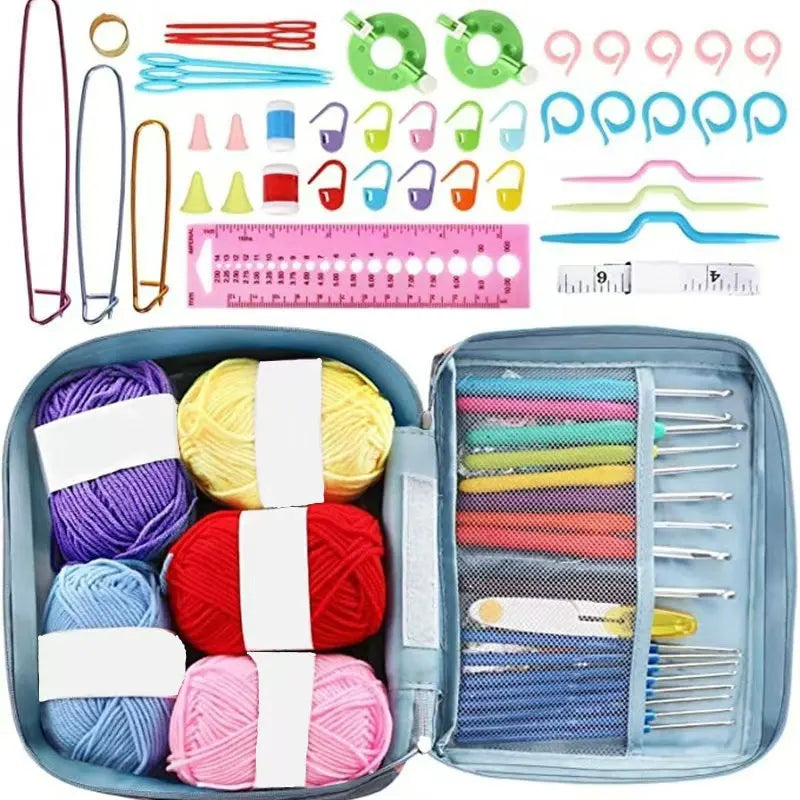 A complete crochet kit for beginners featuring 67 pieces including ergonomic hooks and a storage bag.