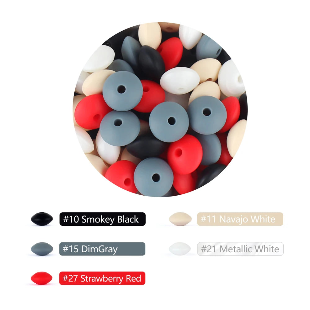 A collection of round silicone lentil beads in various colors including black, red, gray, and white.