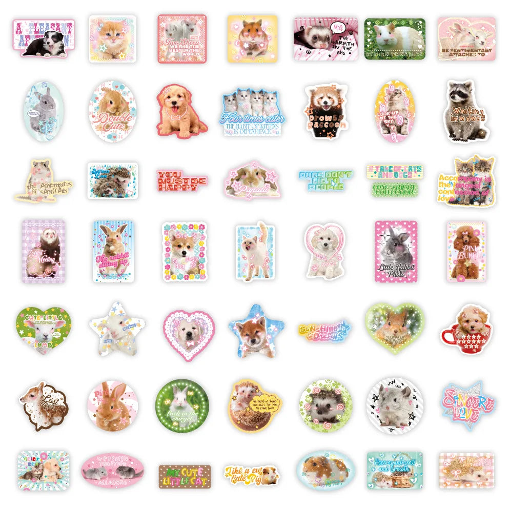 A collection of cute retro cartoon stickers featuring animals and decorative elements for journals and scrapbooks