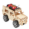 A wooden paddle boat kit featuring a small boat and a wooden truck chassis with a red and black bottle on top.