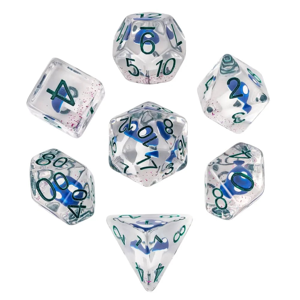 A set of polyhedral dice featuring a mushroom theme and translucent blue and green coloring.