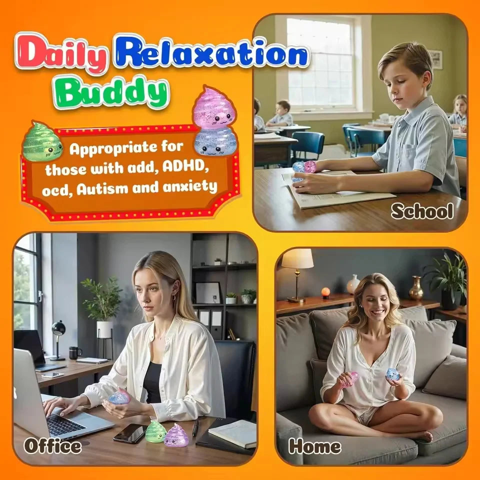 Daily Relaxation Buddy glitter poo stress ball fidget toy shown in various contexts like school office and home