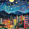 A vibrant night sky painting featuring a large yellow moon, stars, and a cityscape silhouette.