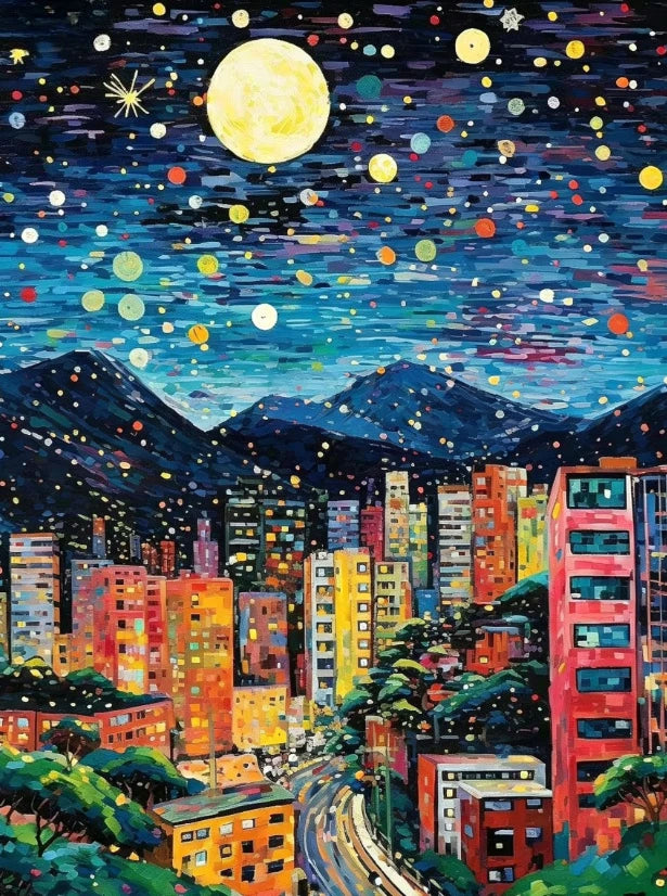 A vibrant night sky painting featuring a large yellow moon, stars, and a cityscape silhouette.