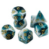 A set of acrylic dice featuring a blue and white marbled blood effect design.