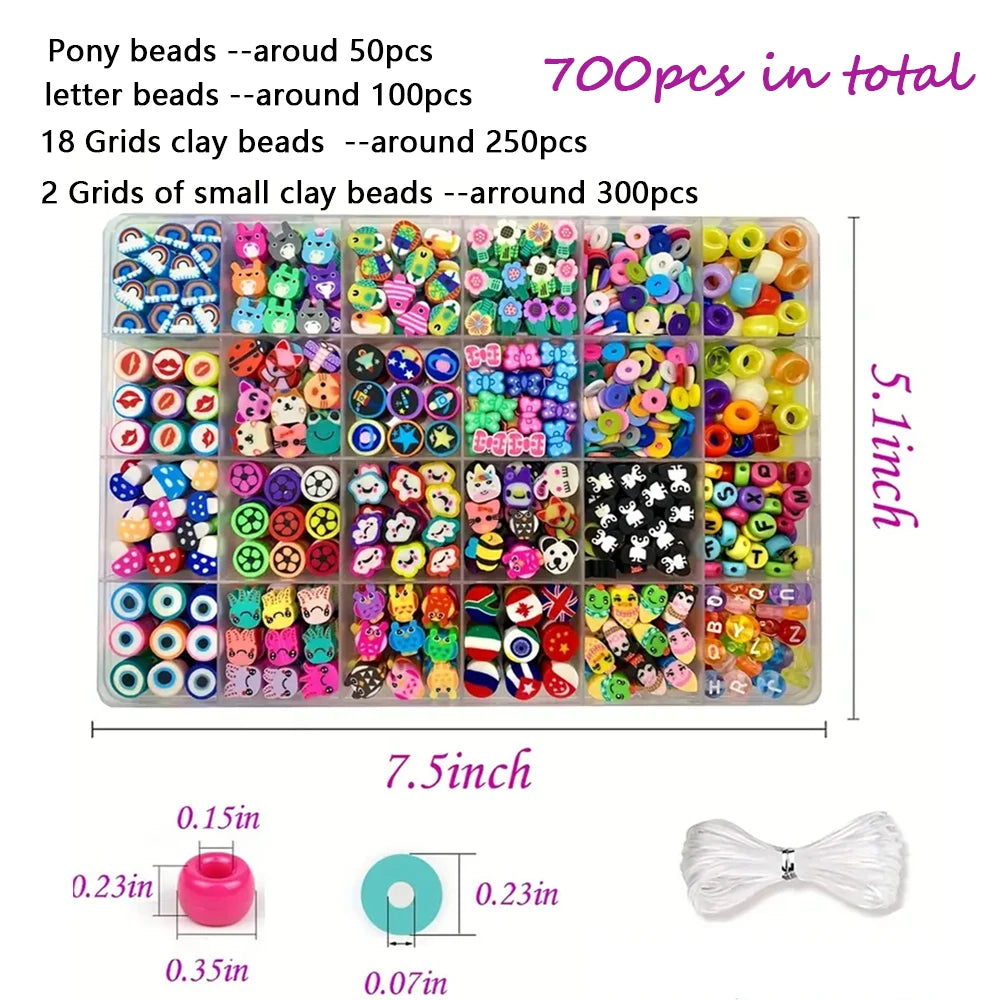 A plastic tray containing various pony beads, letter beads, and clay beads for jewelry making.